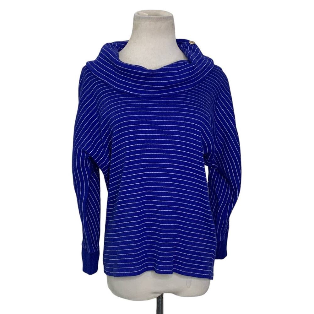 Rafaella blue striped long sleeves cowl neck sweater size Medium